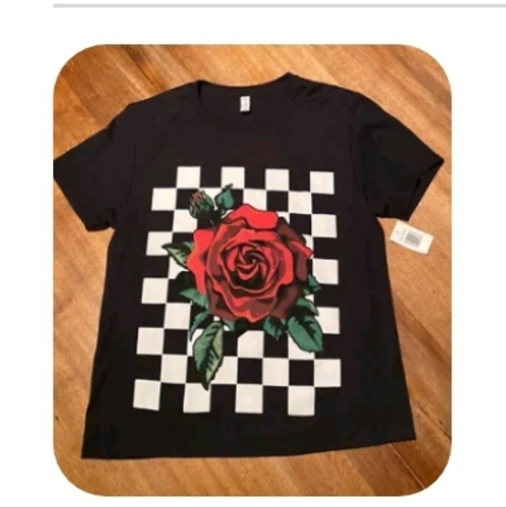 Vans Womens Medium  Black Rose Checkered Graphic Logo Cotton Crew Neck T Shirt